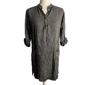 Beach by Exist Tunic Mini Dress S Black Acid Wash Roll Tab Sleeves Pockets